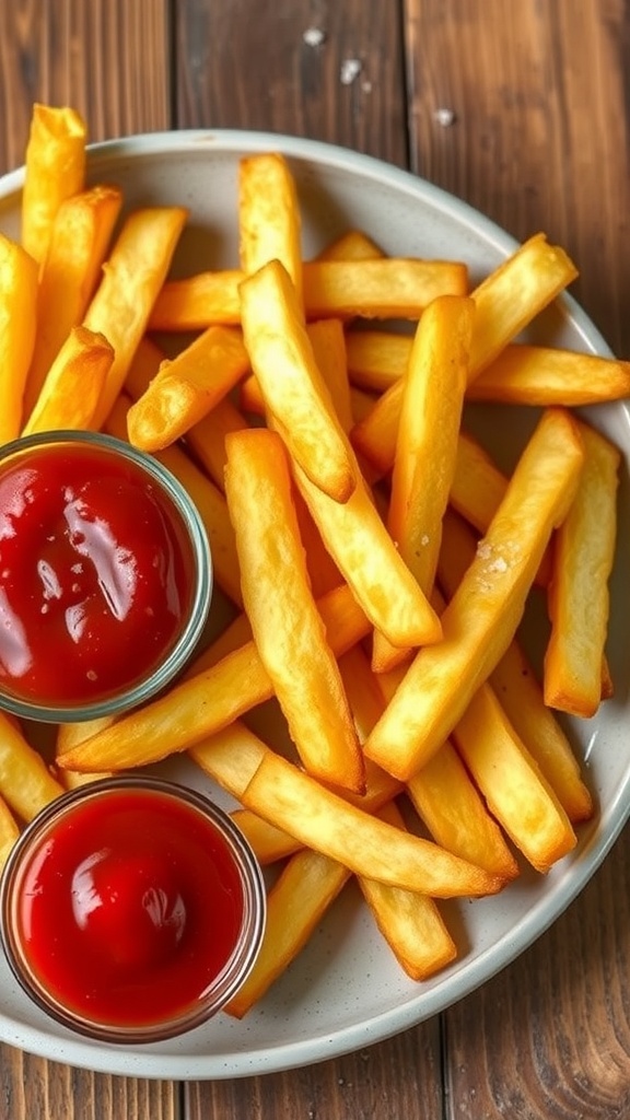 Crispy Air Fryer French Fries Recipe (No Soak) Crispy air fryer French fries on a plate with ketchup, set on a rustic wooden table.